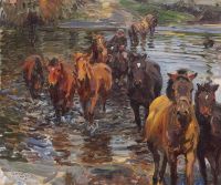 Munnings Alfred James Shrimp And Ponies At The Ford 1910