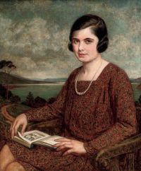 Munns John Bernard Porträt einer Dame, die in Dreiviertellänge sitzt, ein Buch auf ihrem Schoß, eine Landschaft darüber hinaus