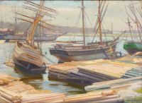 Munsterhjelm Ali Hafenansicht mit Segelschiffen an einem Dock 1910