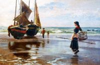 Muschamp Francis Sydney بطبعة قماشية 1888 لفتاة بشبكة صيد بجانب القوارب على الشاطئ