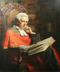 Leinwanddruck von Nowell Arthur Trevethin, Portrait eines Richters, der in einem geschnitzten Stuhl liest
