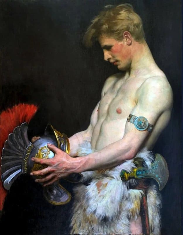 Tableaux sur toile, reproduction de Osmar Schindler Young Germanic Warrior Looking At A Roman Helmet