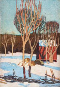 Osslund Helmer Winterlandschaft mit Rundmastzaun und roter Hütte