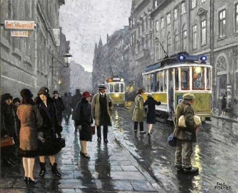 Tableaux sur toile, reproduction de Paul Gustave Fischer Tram A Bredgade Street Copenaghen 1920-1925