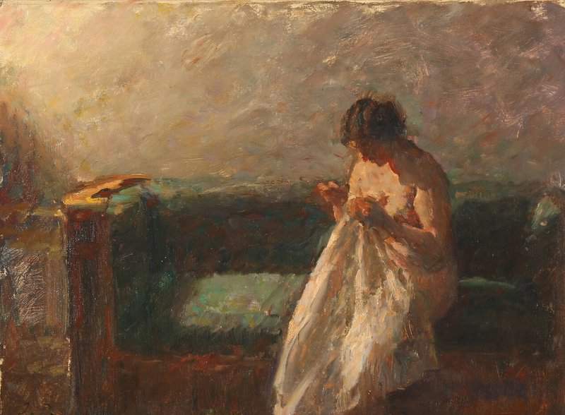 Paulsen Julius A Model Sewing On The Green Couch canvas print