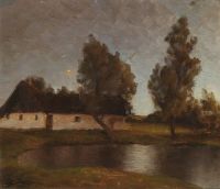 Paulsen Julius Landschaft mit einem Bauernhaus an einem See in der Abenddämmerung