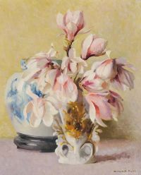 Paxton Elizabeth Okie Magnolias In A White Vase With Ginger Jar
