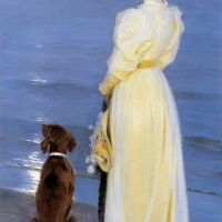 بيدير سيفيرين كروير أمسية صيفية في سكاجين - زوجة الفنانة والكلب من الشاطئ - 1892