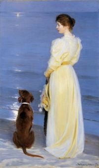 Peder Severin Kroyer Summer Evening At Skagen - The Artist S Wife And Dog By The Shore - 1892