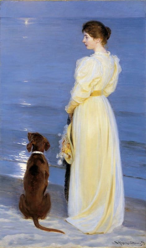 Tableaux sur toile, reproduction de Peder Severin Kroyer Summer Evening At Skagen - The Artist S Wife And Dog By The Shore - 1892