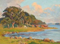 Pedersen Viggo Leinwanddruck Eine Sommerlandschaft mit Kühen am Ufer eines Baches