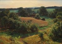 Pedersen Viggo Blick über eine hügelige Landschaft mit einem strohgedeckten Bauernhof 1897 Leinwanddruck