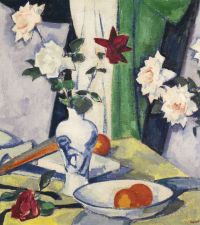 Peploe Samuel John Still Life Of Roses With A Blue And White Vase 1920