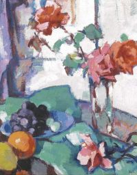 Peploe Samuel John Still Life Of Roses With A Green Tablecloth 1920