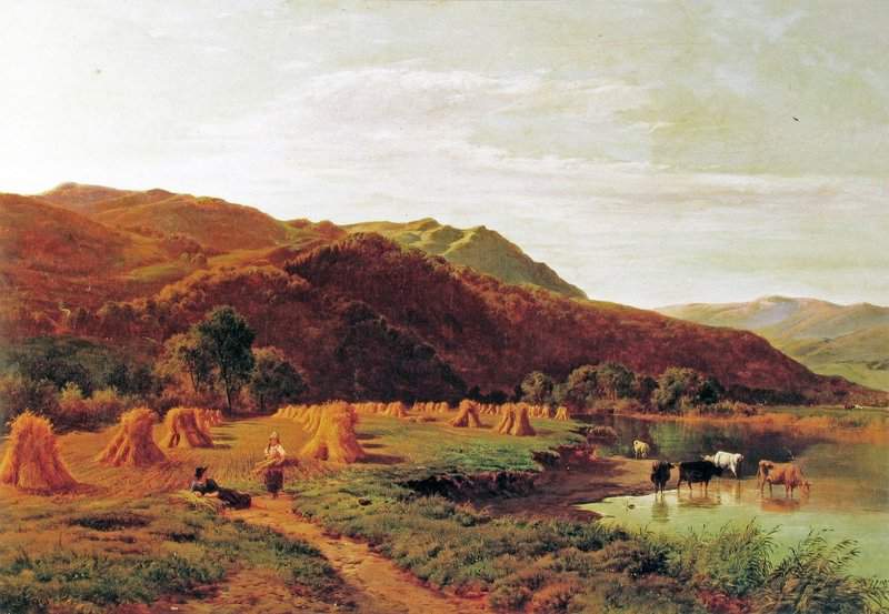 Percy Sidney Richard Corn Stooks In A Mountainous River Landscape canvas print