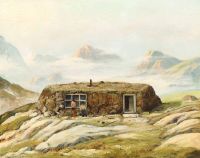 Petersen Emanuel A Greenlandic Landscape With People In Front Of A House canvas print