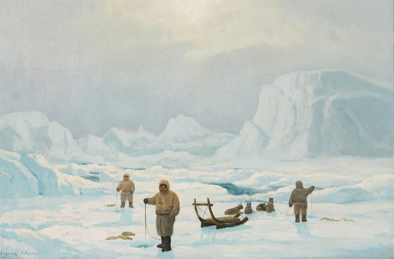Petersen Emanuel A Inuit Landscape With Fishermen Fishing On The Ice canvas print