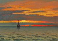 بيترسن إيمانويل ، منظر من جرينلاند مع سفينة تبحر على بحر هادئ عند غروب الشمس