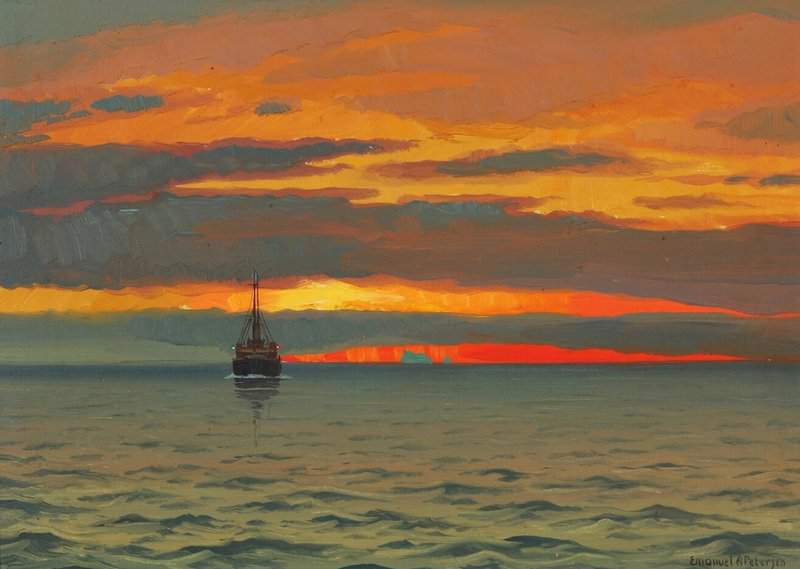 Petersen Emanuel A View From Greenland With A Ship Sailing On Calm Sea At Sunset canvas print