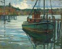 Peterson Jane Fischerboot an einem Liegeplatz-Leinwanddruck