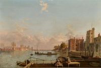 Pether Henry London A View Of The Thames With The New Palace Of Westminster Under Construction   Day