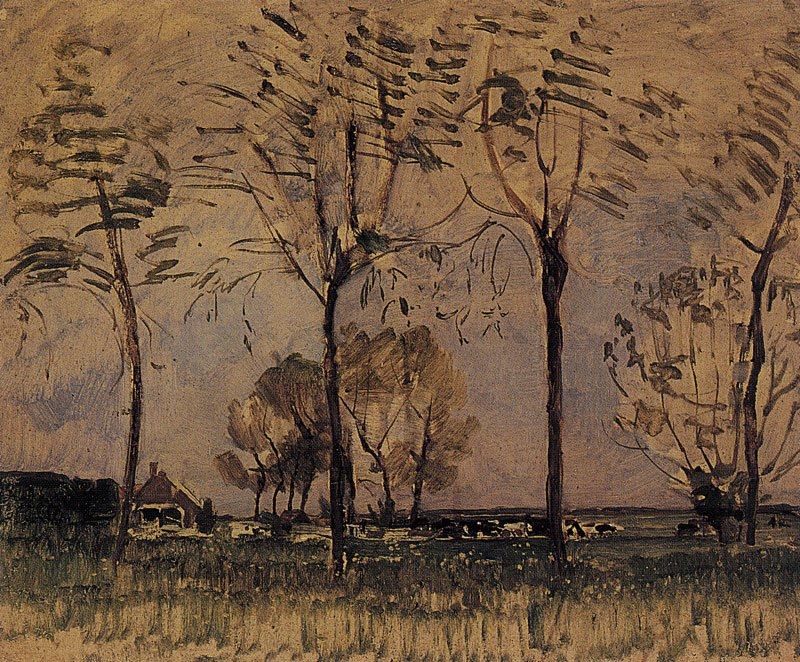Piet Mondrian Farm Setting Four Tall Trees In The Foreground 1907 canvas print