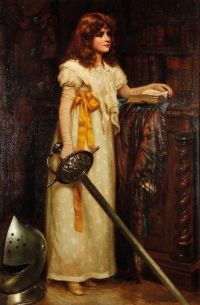 Prescott Davies Norman Studie eines jungen Mädchens, das ein weißes Kleid trägt und ein Schwert hält, das in einem Bibliotheksinterieur steht, 1890