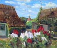 Pryn Harald Landschaft mit reetgedeckten Häusern und Blumen