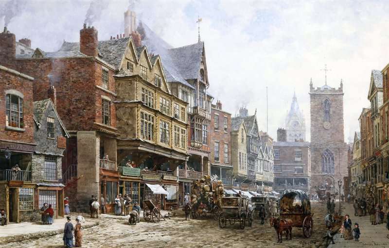 Rayner Louise Ingram Bridge Street Chester Looking North Towards The Cross And St. Peter S Church. On The Left The Dutch Houses 1877 canvas print