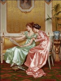 Reggianini Vittorio Zwei elegante junge Damen in einem Innenraum, der eine Zeitschrift liest