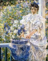 ريد روبرت امرأة على شرفة مع الزهور كاليفورنيا. 1906 قماش مطبوع