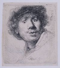 Rembrandt Selbstporträt mit einer Kappe mit offenem Mund