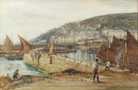 مشهد ميناء Rheam Henry Meynell مع الصيادين إلى المقدمة عام 1909 على القماش المطبوع