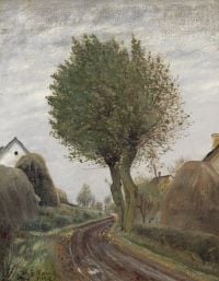Ring Laurits Andersen A Road Between Two Farms In Vadsby. Haystacks Outside The Farms. Foggy Autumn Day