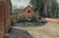 Ring Laurits Andersen A Street In The Village Of Vejlo. To The Right The Cemetery Wall To The Left The School In The Background An Outhouse