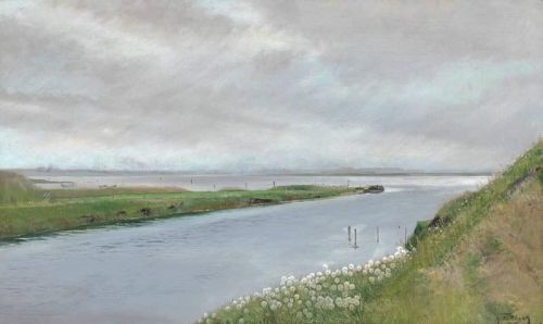 Ring Laurits Andersen At The Mouth Of The Stream. A Flowered Slope To The Right. On The Other Side Of The Stream A Long Isthmus Out Into The Fjord. Karreb Ksminde canvas print