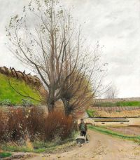 Ring Laurits Andersen Autumn Weather. A Man With A Wheelbarrow On A Path canvas print