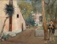 Ring Laurits Andersen Garden Path At Albergo Del Sole. To The Left A Palm Tree By A Pink House. Pompeii canvas print
