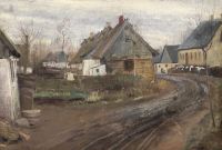 Ring Laurits Andersen Road In The Village Of Ring. Overcast Day