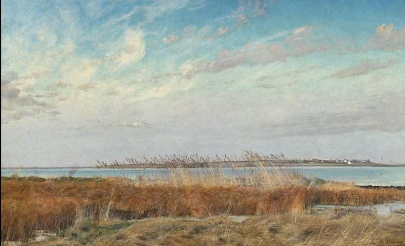 Ring Laurits Andersen Roskilde Fiord. Winter. Yellow And Brown Rushes In The Foreground. View Across The Water To The Village Of Veddelev canvas print