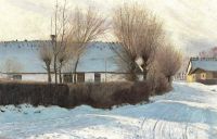 Ring Laurits Andersen Snowcovered Road In Baldersbronde With Strong Shadows From A Whitewashed Thatched House