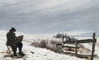 Ring Laurits Andersen The Winter Painter. Snow Landscape With The Painter Aage Bertelsen At His Work
