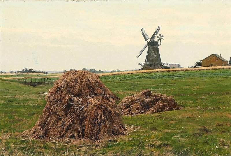 Ring Ole A Field With Haystacks And A Mill In The Distance canvas print