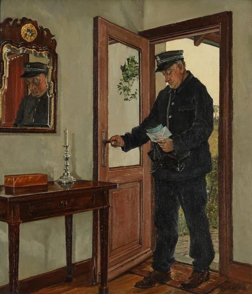 Ring Ole A Mailman With Letters Coming Through A Doorway canvas print