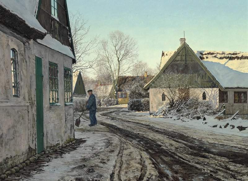 Ring Ole Sunny Winter Day In Gundsolille With Man Shoveling Snow canvas print