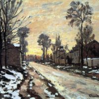 Camino a Louveciennes Nieve derritiéndose Niños Atardecer de Monet
