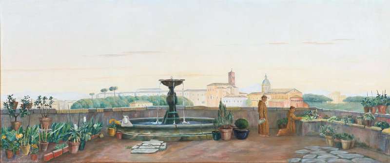 Rohde Johan In S. Bonaventura S Monastery With A View Towards Chiesa S. Giovanni And Paolo. Two Monks Are Working In The Herb Garden canvas print