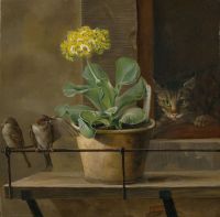 Rorbye Martinus Still Life With A Primrose In A Flower Pot A Cat And Two Sparrows 1823