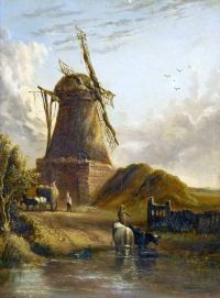Sands Anthony Landscape With Haycart Cattle And Figures Before A Windmill