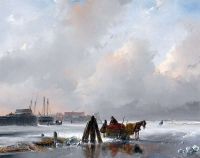 Schelfhout Andreas Ein Pferdeschlitten in der Nähe eines gefrorenen Hafens Leinwanddruck